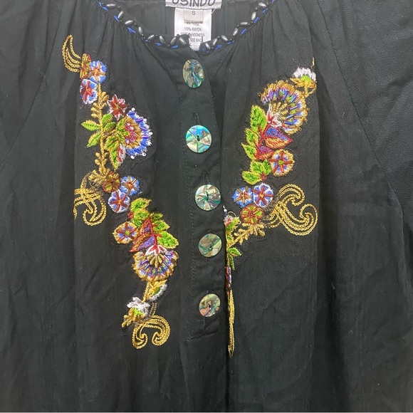 Usindo Black Blue Floral Embroidered Popover 3/4 Sleeve Coverup Dress - Picture 2 of 5